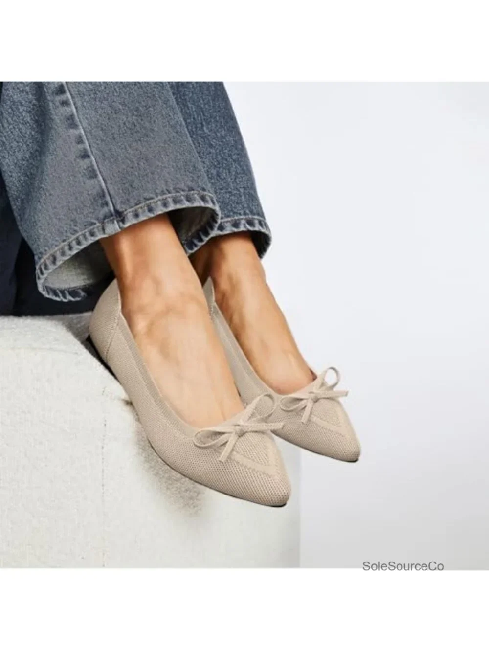 Women's Pointed Toe Bow Knit Ballet Flats, Lightweight Mesh Slip On Dressy Work